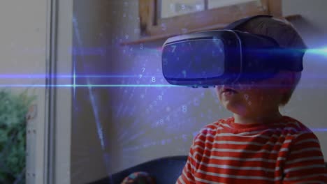 Animation-Der-Datenverarbeitung-über-Einem-Kaukasischen-Jungen,-Der-Ein-VR-Headset-Verwendet