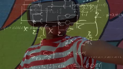 Animation-of-math-formulas-over-african-american-boy-in-vr-headset-over-colorful-background