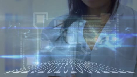 Animation-of-binary-coding-over-mid-section-of-female-doctor-using-digital-tablet-at-hospital