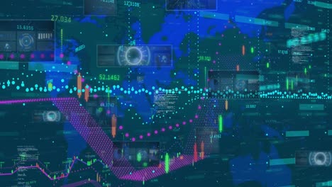 Animation-Von-Finanzdaten-Und-Bildschirmen-über-Einer-Weltkarte-Auf-Blauem-Hintergrund