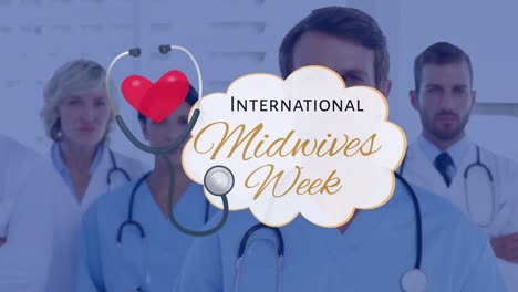 Animation-of-international-midwives-week-text-over-diverse-doctors-smiling