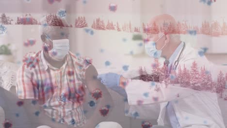 Animation-Von-Viruszellen-über-Einem-Kaukasischen-Männlichen-Arzt-Mit-Patient