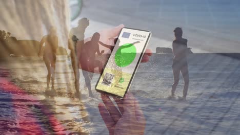 Animation-of-caucasian-woman-with-smartphone-over-caucasian-women-at-beach