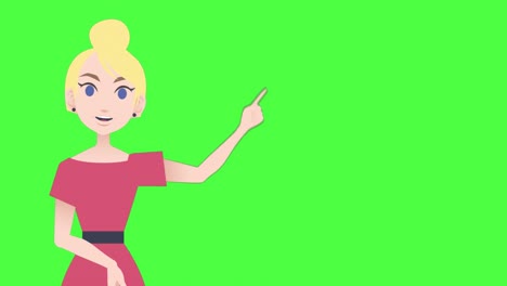 Animation-Einer-Kaukasischen-Blonden-Cartoon-Frau,-Die-Auf-Grünem-Hintergrund-Mit-Kopierraum-Spricht