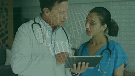 Animation-of-globe-rotating-over-diverse-male-and-female-doctors-using-tablet