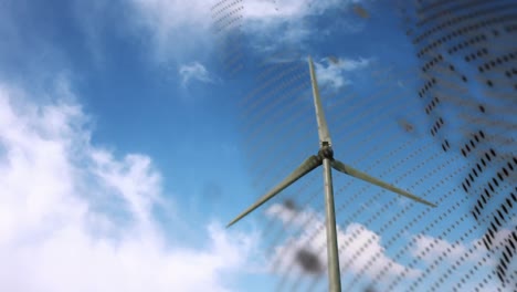 Animation-of-globe-over-wind-turbine-and-sky-with-clouds