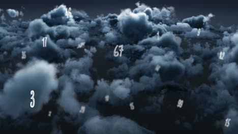 Animation-Mehrerer-Zahlen,-Die-über-Dunklen-Wolken-Am-Himmel-Schweben