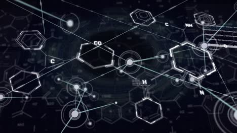 Animation-of-connections-over-chemical-formulas-on-black-background