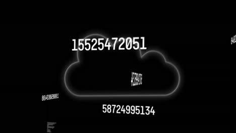 Animation-of-changing-numbers-over-glowing-cloud-icon-against-black-background
