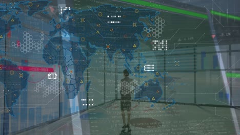 Animation-of-world-map,-icons-and-data-processing-over-back-view-of-woman-standing-in-office