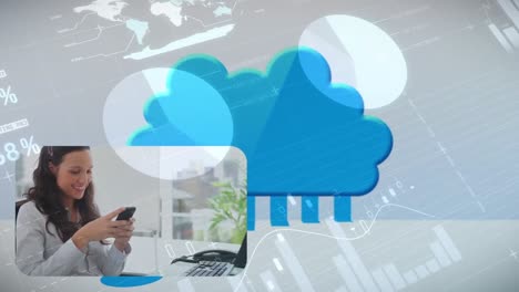 Animation-of-data-processing-and-cloud-icon-over-diverse-business-people-in-office