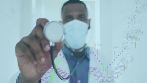 Animation-of-financial-t-data-processing-over-african-american-male-doctor-holding-stethoscope