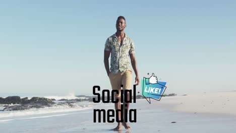 Animation-of-social-media-over-happy-african-american-man-walking-on-beach