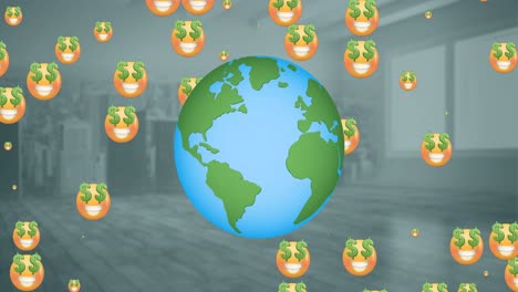 Animation-Von-Globus--Und-Emoji-Symbolen-über-Dem-Stadtbild