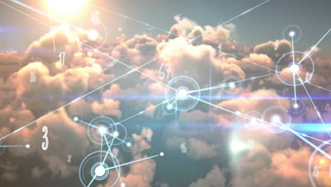 Animation-of-multiple-numbers-and-glowing-network-of-connections-against-clouds-in-the-sky