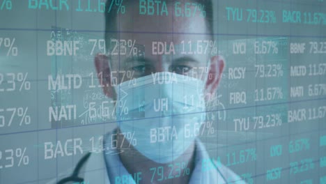 Animation-of-data-processing-over-caucasian-doctor-wearing-face-mask