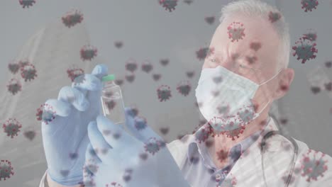 Animation-of-virus-cells-over-caucasian-doctor-holding-vaccine-vial