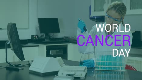 Animation-of-world-cancer-day-over-caucasian-female-lab-worker-with-samples