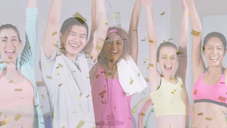 Animation-of-confetti-falling-over-fit-diverse-women-and-man-clapping-hands-at-gym