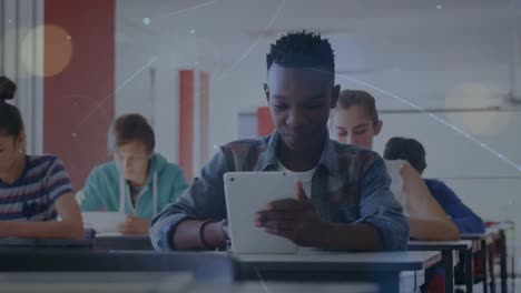 Animation-of-connections-over-class-of-diverse-pupils-using-tablets-at-school