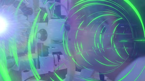 Animation-Von-Lichtspuren-Und-Neontunnel-über-Verschiedenen-Ärzten-Und-Patienten-Unter-Verwendung-Einer-Spaltlampe