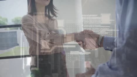 Animation-of-data-processing-over-caucasian-businessman-and-businesswoman-shaking-hands