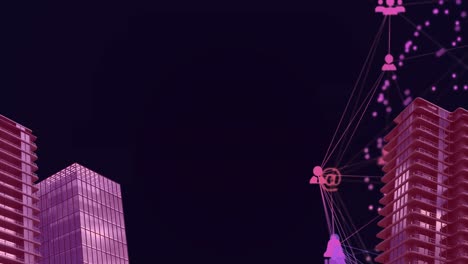 Animation-Eines-Netzwerks-Von-Verbindungen-über-Stadtgebäuden-Und-Schwarzem-Hintergrund