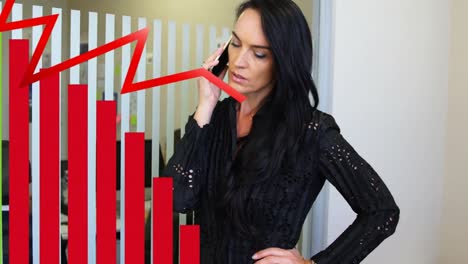 Animation-of-red-graphs-over-caucasian-businesswoman-using-smartphone-in-office