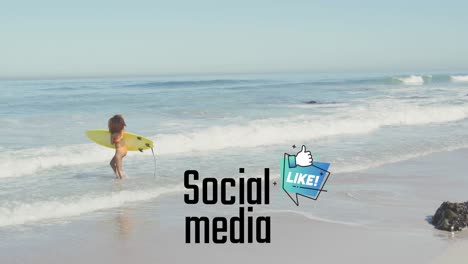 Animation-of-social-media-over-african-american-woman-with-surfing-board-walking-on-beach