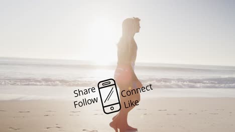 Animation-of-share-follow-connect-like-text-and-icon-over-diverse-couple-walking-on-beach