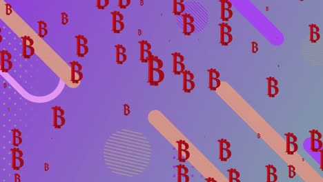 Animation-Roter-Bitcoin-Symbole,-Die-über-Sich-Bewegenden-Formen-Auf-Violettem-Hintergrund-Pulsieren