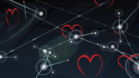 Animation-of-red-heart-icons-over-network-of-connections-and-data-processing