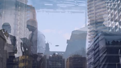 Animation-of-businesspeople-in-office-over-cityscape