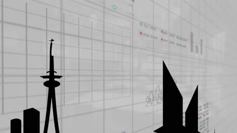 Animation-Von-Finanzdaten-über-Gebäudeformen-Und-Grauem-Hintergrund