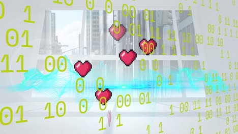 Animation-of-data-processing-and-heart-icons-over-cityscape