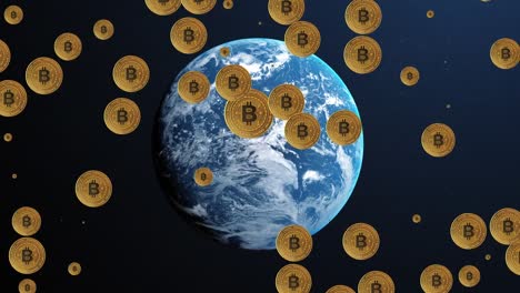 Animation-Von-Bitcoin-Symbolen-über-Dem-Globus-Auf-Schwarzem-Hintergrund