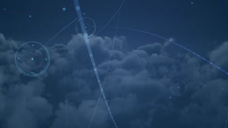 Animation-Eines-Netzwerks-Von-Verbindungen,-Ein-Lichtfleck-über-Wolken-Am-Himmel