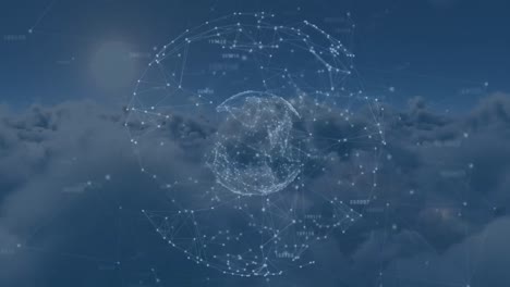 Animation-of-globe-of-network-of-connections-spinning-over-clouds-in-the-sky