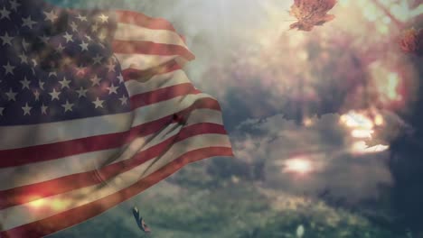 Animation-Von-Herbstblättern,-Die-über-Die-Flagge-Der-USA-Fallen