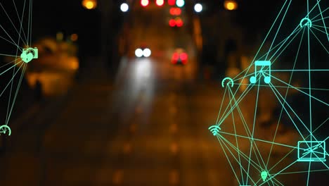 Animation-of-network-of-connections-over-blurred-night-road-traffic