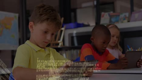 Animation-of-data-processing-over-caucasian-boy-using-digital-tablet-in-the-class-at-school