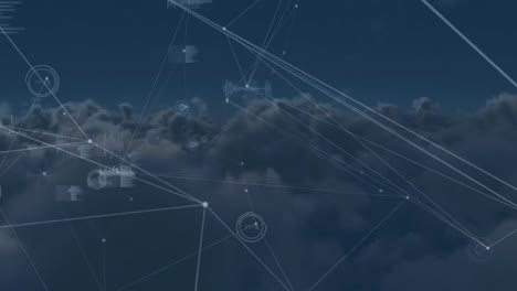 Animation-of-network-of-connections-with-data-processing-over-sky-with-clouds