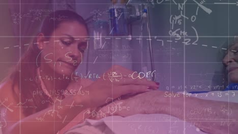 Mathematical-equations-over-caucasian-woman-supporting-her-mother-at-hospital