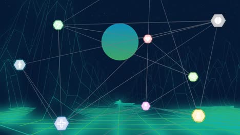 Animation-Eines-Netzwerks-Digitaler-Symbole-über-3D-Metaverse-Strukturen-Vor-Blauem-Hintergrund