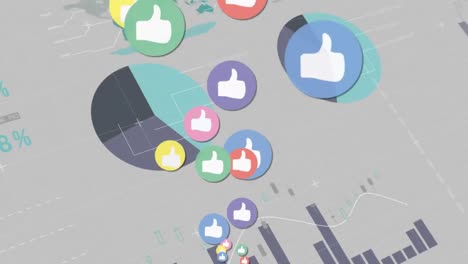 Animation-of-graphs-and-social-media-icons-floating-on-grey-background