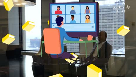 Animation-of-books-and-cartoon-programmer-with-screen-over-african-american-man-in-office