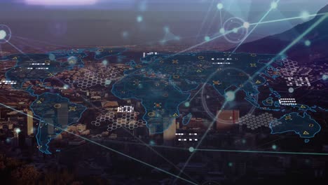 Animation-of-network-of-connections-and-world-map-over-cityscape-and-digital-interface