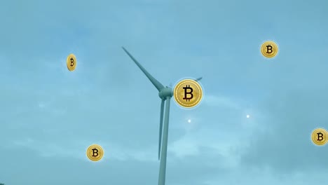 Animation-Von-Bitcoin-Symbolen-über-Einer-Windkraftanlage