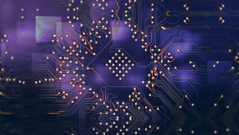 Animation-of-integrated-circuit-over-violet-background-with-squares