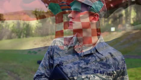 Animation-Der-Flagge-Kroatiens-über-Einem-Kaukasischen-Männlichen-Soldaten